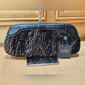 Hobo International Black & Brown MINKY Fabric Leather CLUTCH Bag Purse SAMPLE